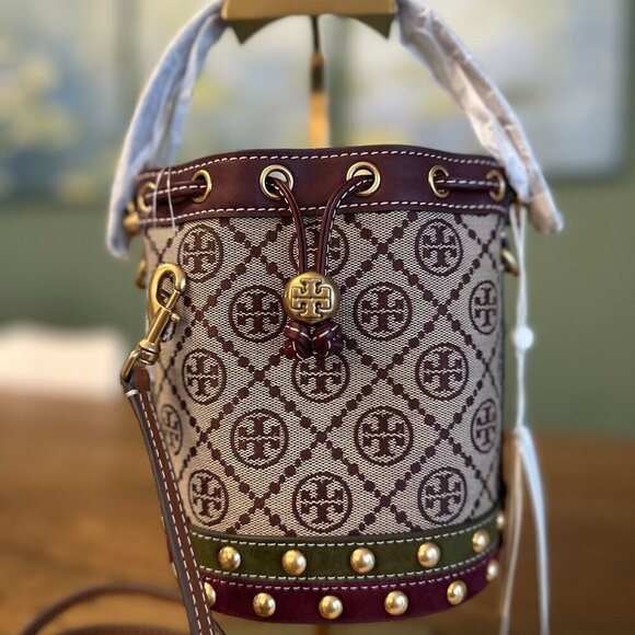NWT! NEW Tory Burch T Monogram Jacquard Studded Mini Bucket Bag -multi leather - Picture 2 of 10